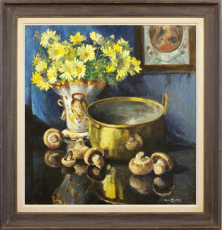 Still life with mushrooms, preserving pan & a vase of daisies, Robert Boudry