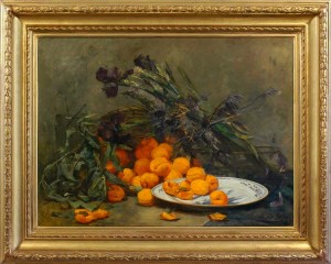 MARIE DE BIEVRE Still life with apricots and iris