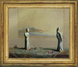 FREDA MARSTON Oriental figurines before a seascape