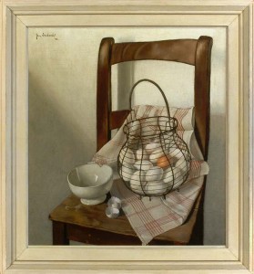JAN VERDOODT Still life with a chair and basket of eggs