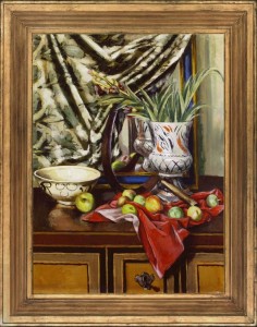 QUENTIN BELL Still life with apples, a sickle, a red cloth & a vase