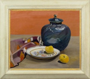 LILY GOVAERT - Still life with a blue glass jar and fruit