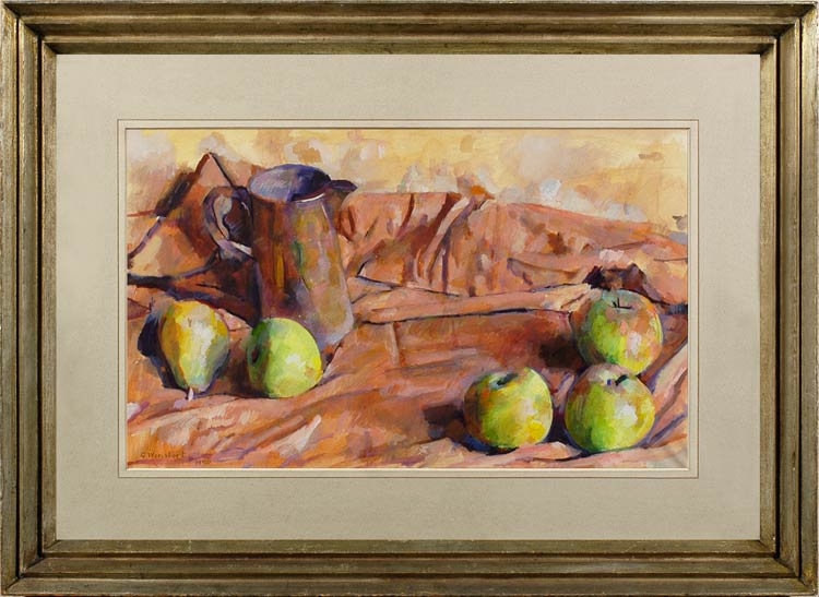 GEORGE WEISSBORT Arrangement with apples and pears and a glazed jug