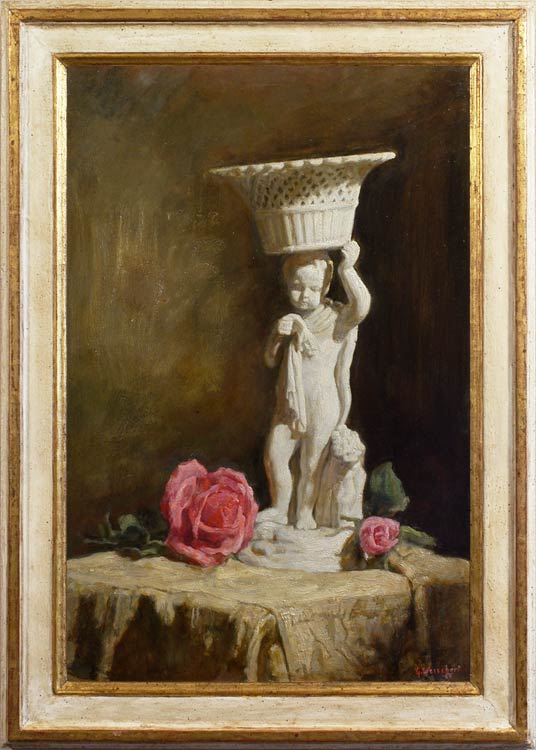 weissbort george still life with a statuette and pink roses